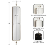 Tall, narrow 36-inch silver metal framed mirror with rounded corners and decorative spherical accents at top and bottom, shown with vertical and horizontal hanging options.