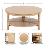 Round wooden coffee table with light natural finish, featuring a 34-inch diameter tabletop and a lower shelf for storage, supported by four legs.