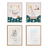Set of four framed prints including two floral bathroom scenes with pink fixtures and teal patterned floors, one text print saying 'Oh Hey, There Cute Butt', and one colorful line art design.