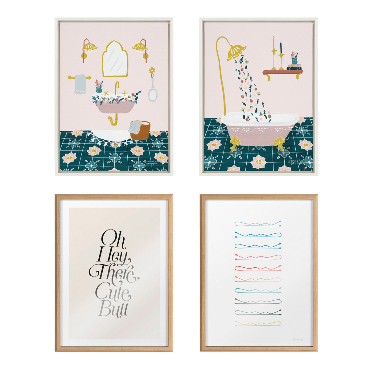 Set of four framed prints including two floral bathroom scenes with pink fixtures and teal patterned floors, one text print saying 'Oh Hey, There Cute Butt', and one colorful line art design.