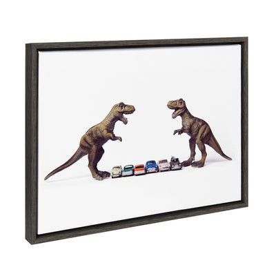 Sylvie Dino Cars Faceoff framed canvas showing colorful toy cars surrounded by dinosaurs