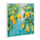 Framed canvas painting of bright yellow lemons hanging from green leafy branches against a turquoise blue background with textured brushstrokes.