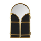 Tri-fold arch metal mirror with a gold frame featuring three sections, two folding side panels with black backing and an arched central mirror panel.