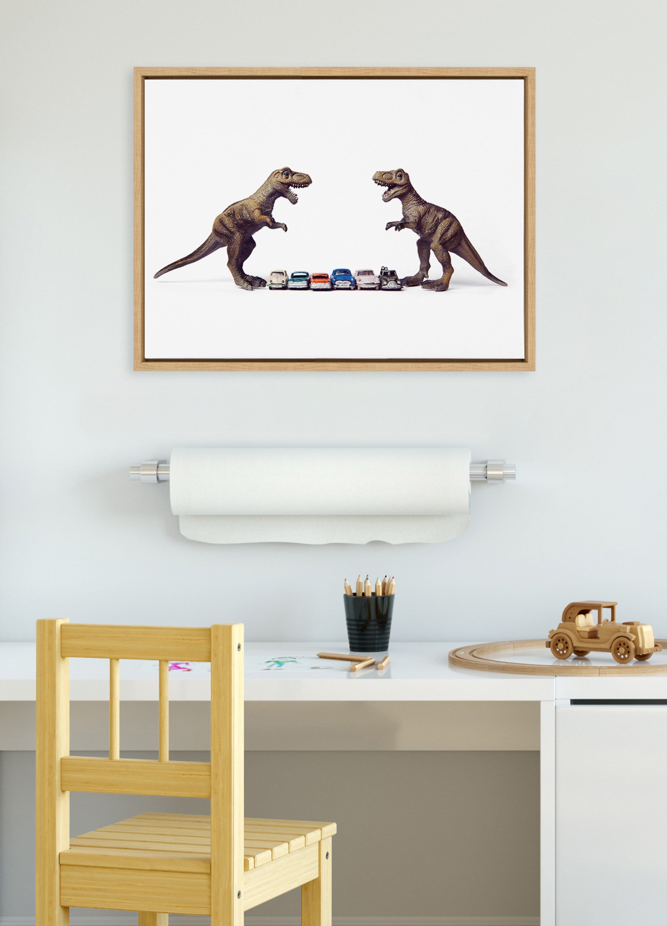 Sylvie Dino Cars Faceoff Framed Canvas by Saint and Sailor Studios