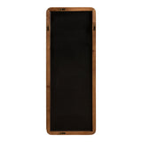 Tall rectangular wall mirror with a dark reflective surface and a medium brown wooden frame featuring rounded corners and simple metal fixtures.