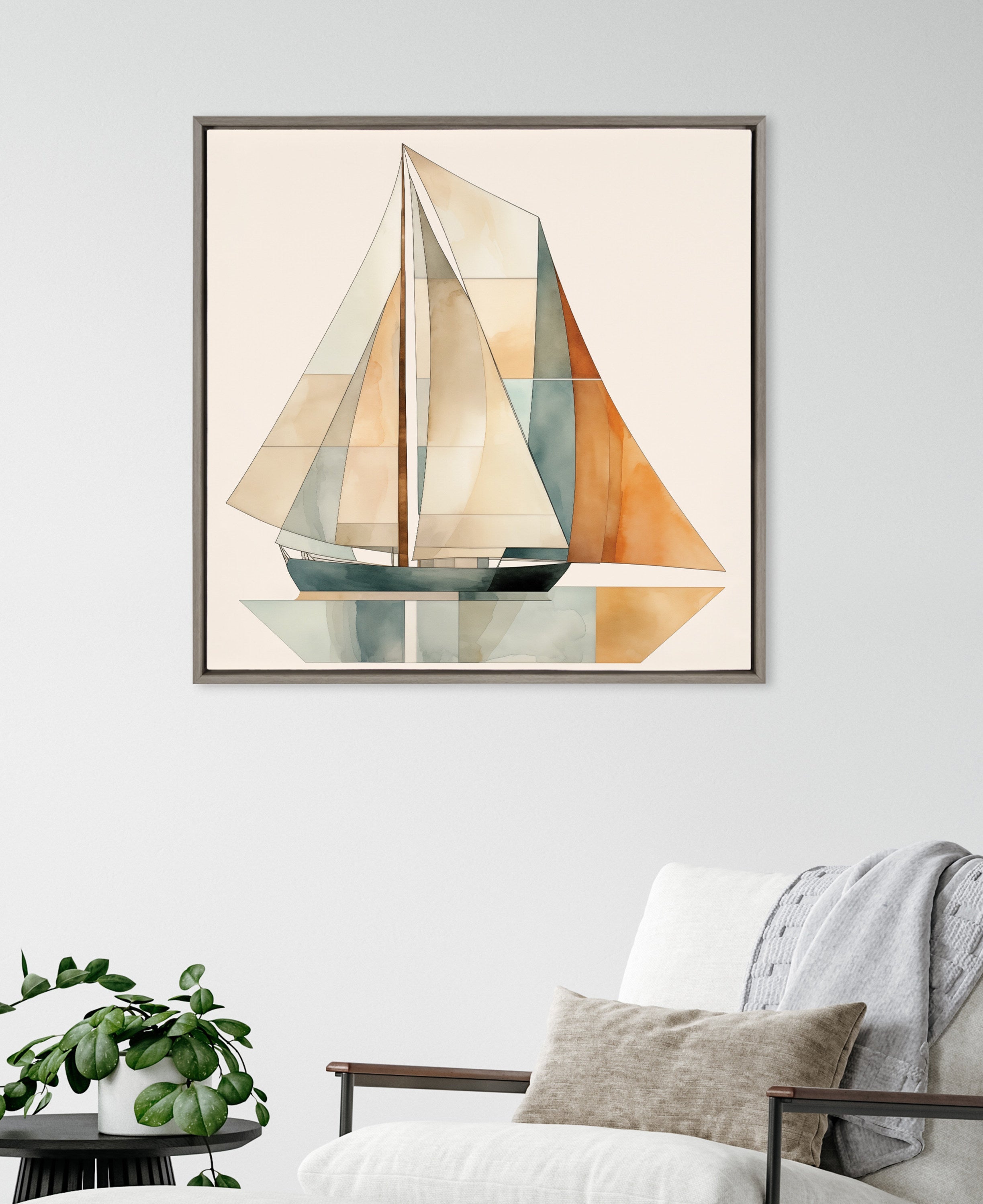 Sylvie Mid Century Modern Geometric Sailboat Framed Canvas by The Creative Bunch Studio