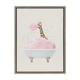 Illustration of a giraffe blowing a large pink bubble gum bubble while sitting in a white clawfoot bathtub filled with pink bubbles and foam on a light background.