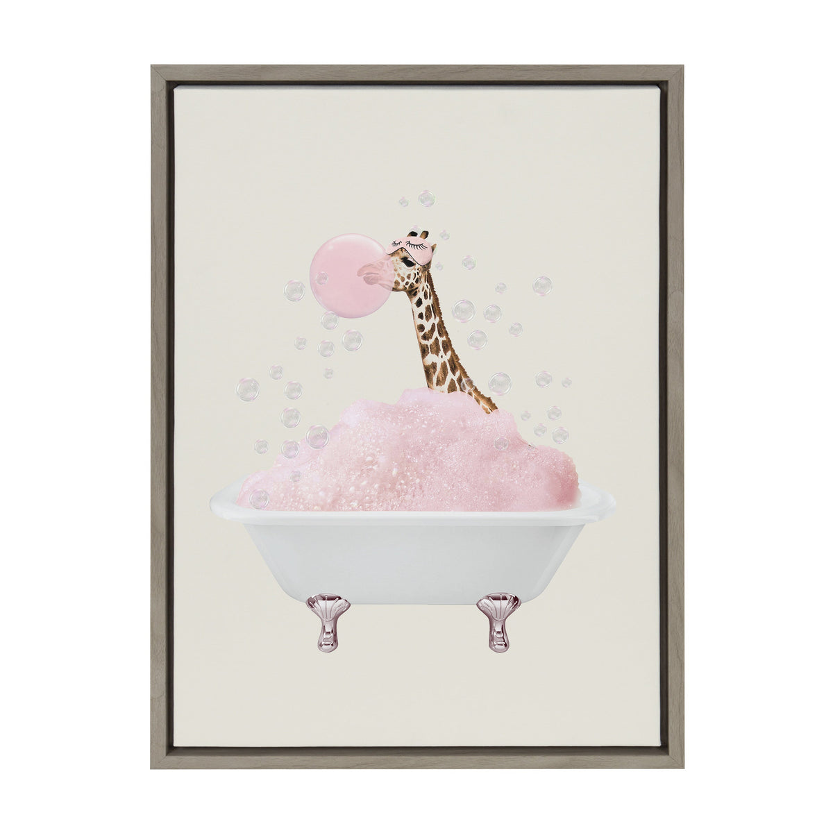 Illustration of a giraffe blowing a large pink bubble gum bubble while sitting in a white clawfoot bathtub filled with pink bubbles and foam on a light background.