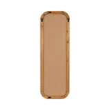 Back view of a tall rectangular wall mirror with rounded corners, featuring a light wood frame and black metal brackets at each corner.