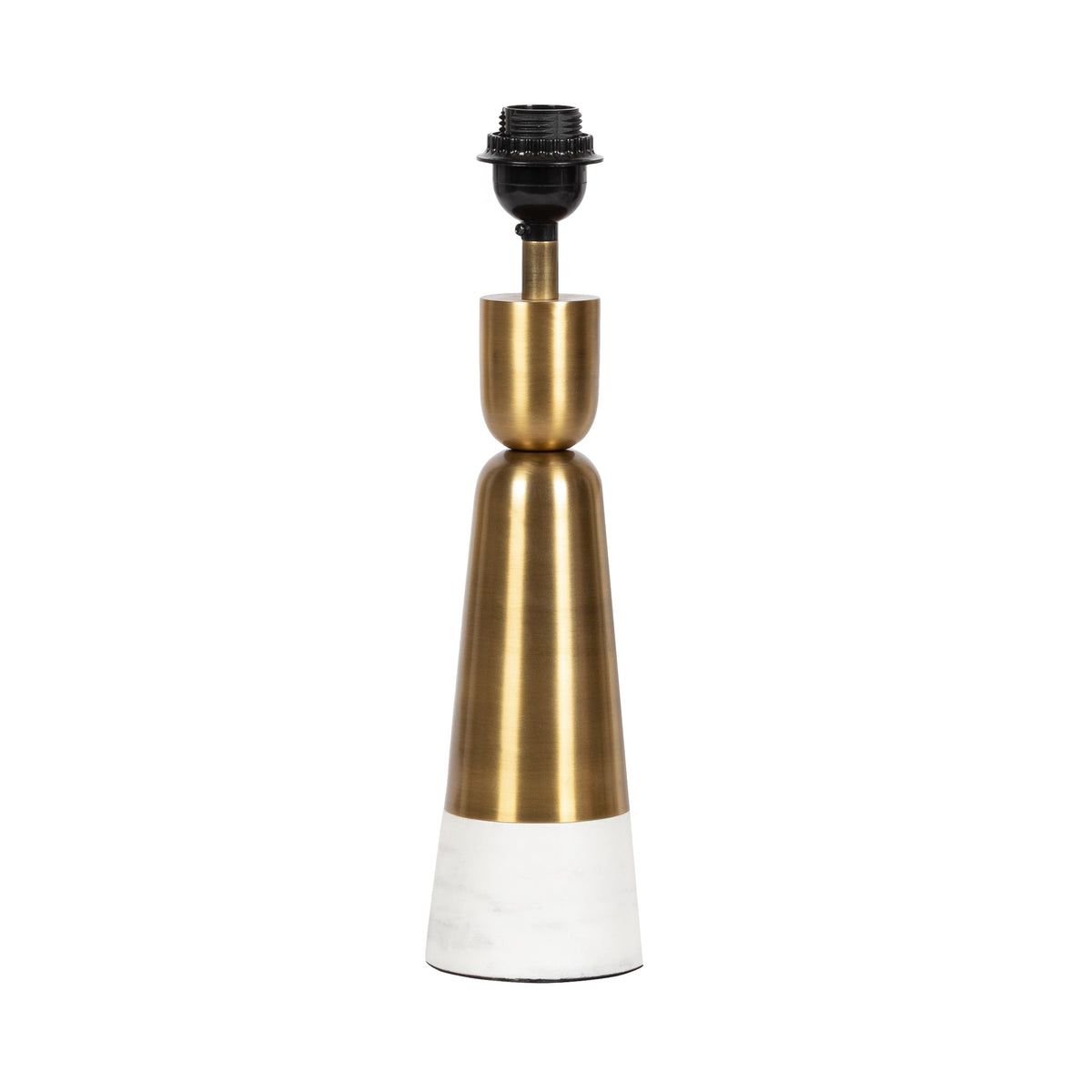 Tall table lamp base with a tapered brass body and white marble bottom section, topped by a black socket for a light bulb.