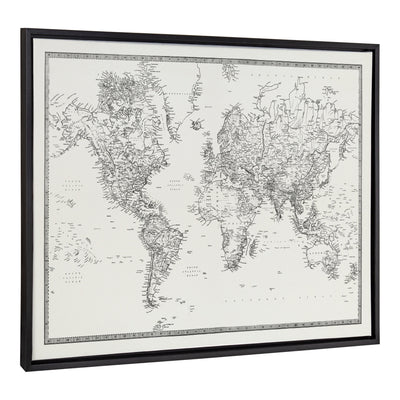 Sylvie Vintage Black and White World Map Framed Canvas by The Creative