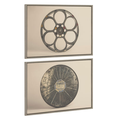Sylvie Movie Tin and Movie Reel Sepia framed canvas art set: two sepia photos of a movie tin and movie reel in gray floating frames