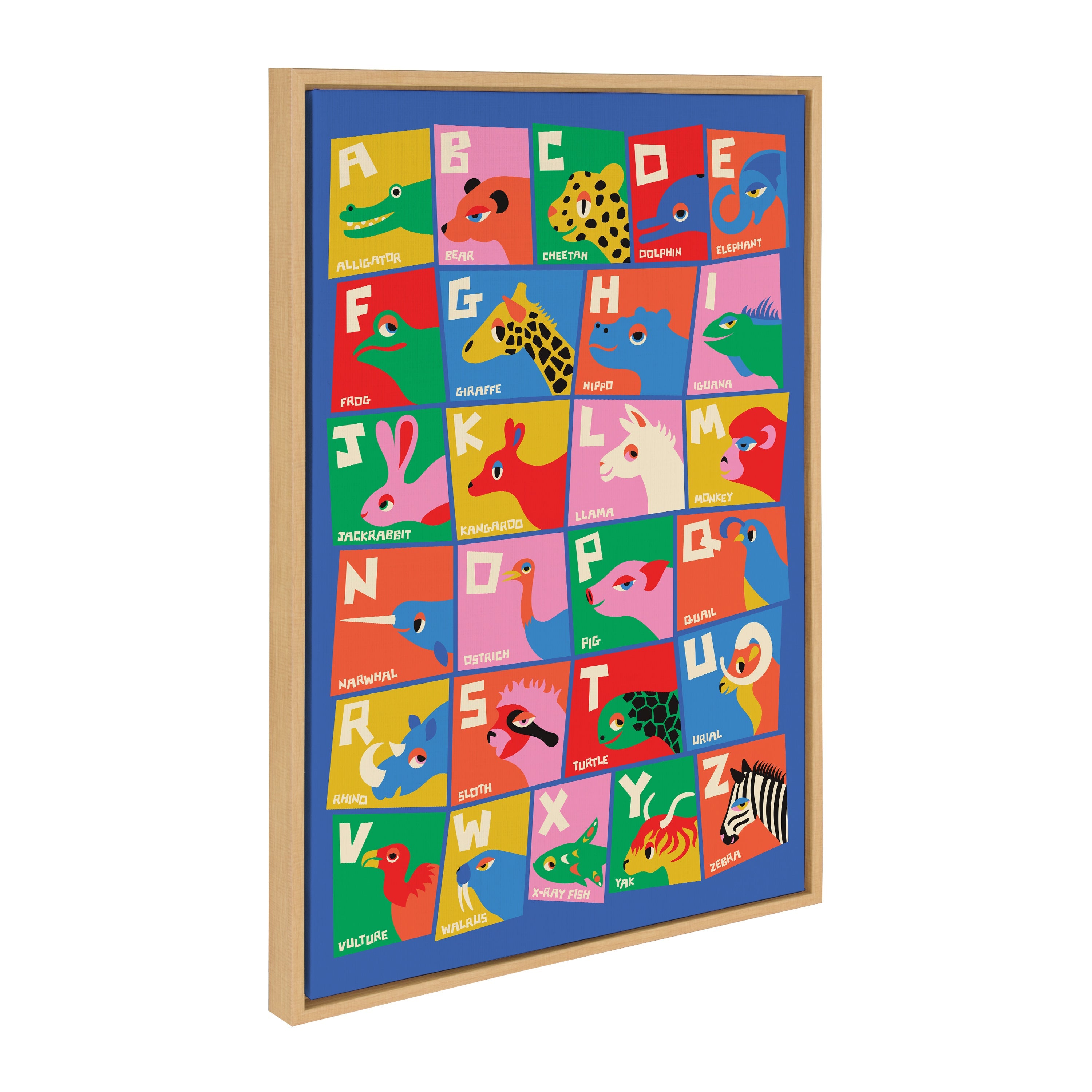 Sylvie Animal Alphabet framed canvas showing illustrated animals paired with letters