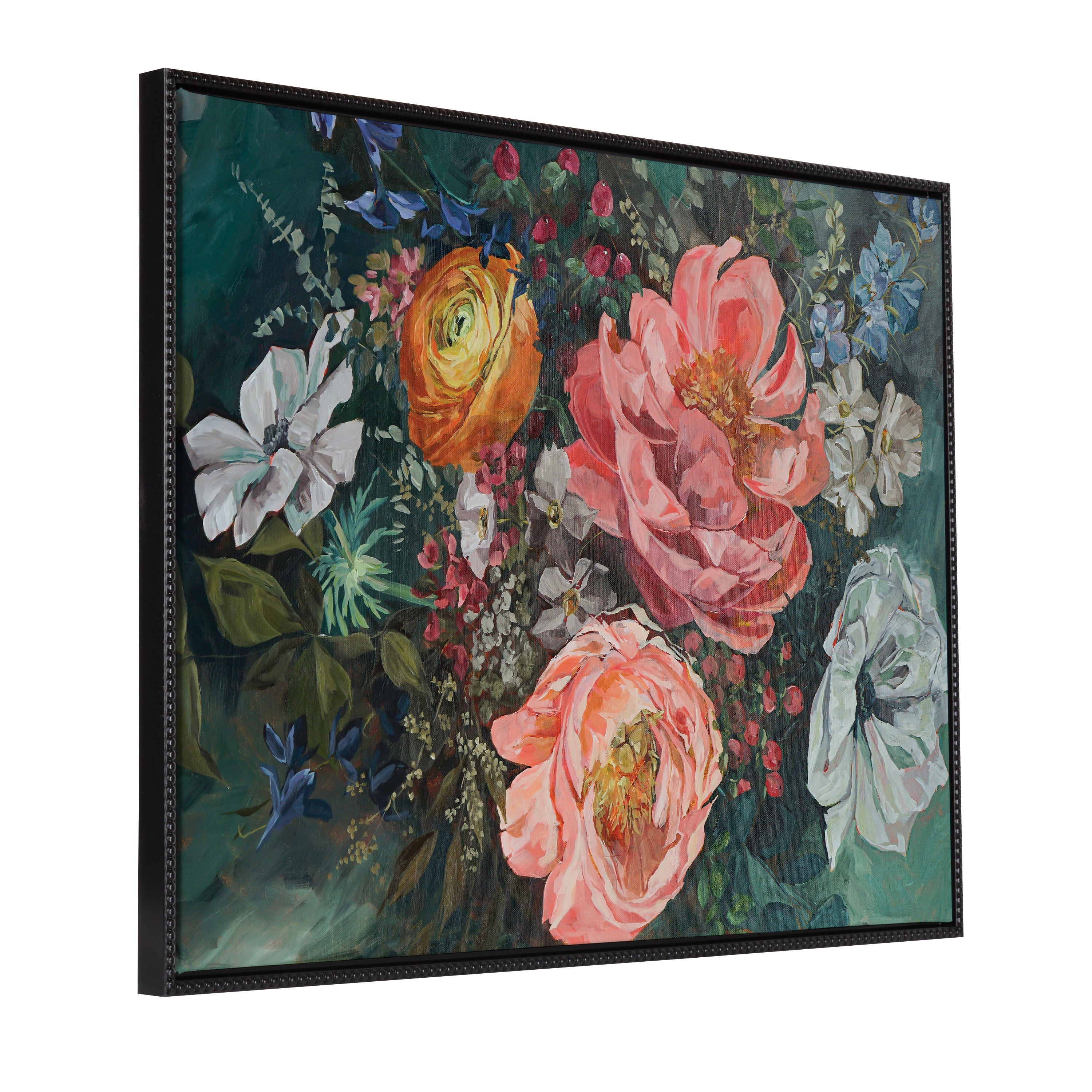 Sylvie Beaded AQ Peony Bouquet framed canvas art showing a lush peony bouquet with a vintage beaded frame
