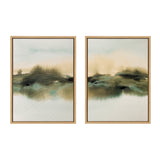 Pair of abstract landscape paintings featuring soft green, blue, and beige tones with diffused brushstrokes and reflections creating a tranquil natural scene, each framed in light wood.