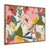 Softly framed canvas featuring a vibrant floral design with large pink, yellow, and rust-colored flowers, green and blue leaves, and small berry clusters on cream background.