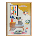 Illustration of a black cat with a pink nose sitting on a blue bench surrounded by mid-century modern decor, including a record player, abstract wall art, and a starburst clock.