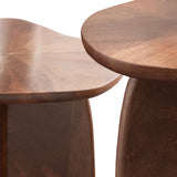 Close-up of two smooth, curved wooden tables with rich brown tones, showing their rounded edges and sculpted pedestal bases in soft natural light.