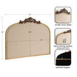 Arched pinboard with fabric surface, antique gold frame, and ornate carved crown detail at top center, shown with dimensions and close-up insets of features.
