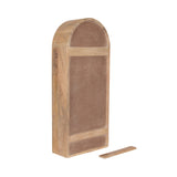 Wall shelf with a rectangular base and arched top, featuring a wood frame and two brown panel inserts, shown upright with a separate wood piece below it.