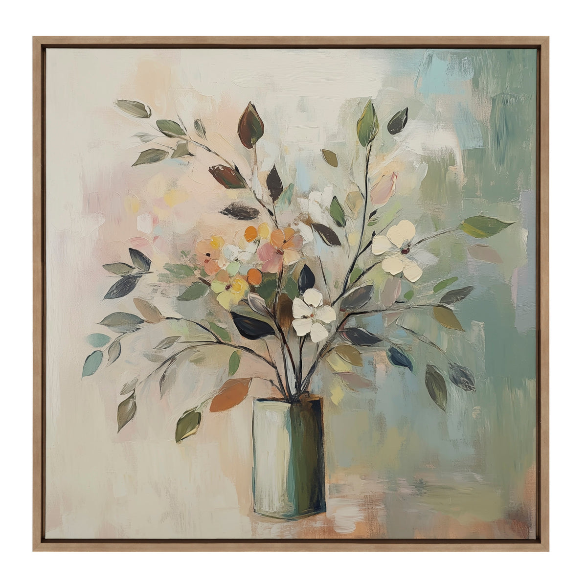 Abstract floral botanical painting featuring delicate green leaves and soft peach and white flowers in a muted green vase against a pastel beige and teal background.
