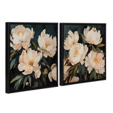 Two framed canvas art pieces featuring painterly floral bouquets with soft pinks and greens