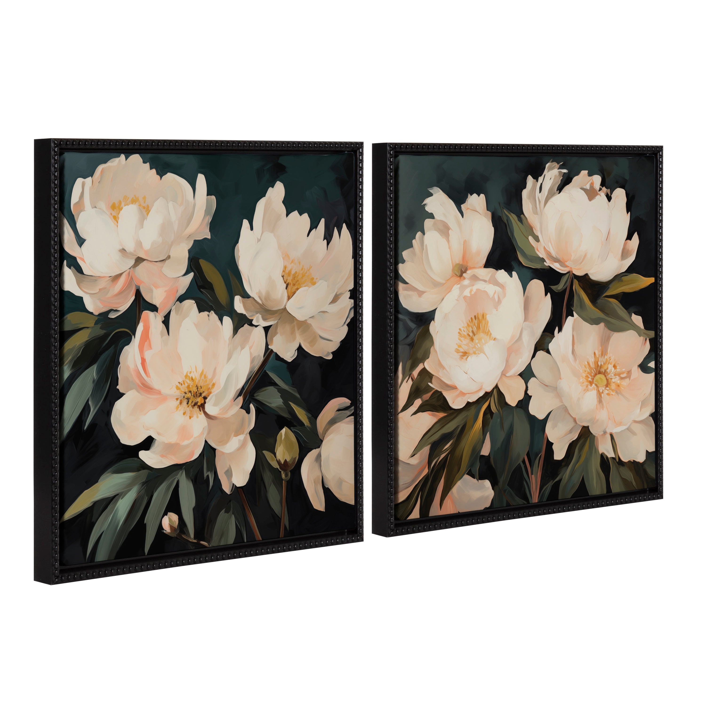 Two framed canvas art pieces featuring painterly floral bouquets with soft pinks and greens