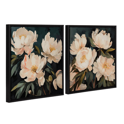 Two framed canvas art pieces featuring painterly floral bouquets with soft pinks and greens