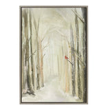 Framed canvas depicting a misty forest path in soft beige and gray tones, with a single red cardinal perched on a tree branch to the right.