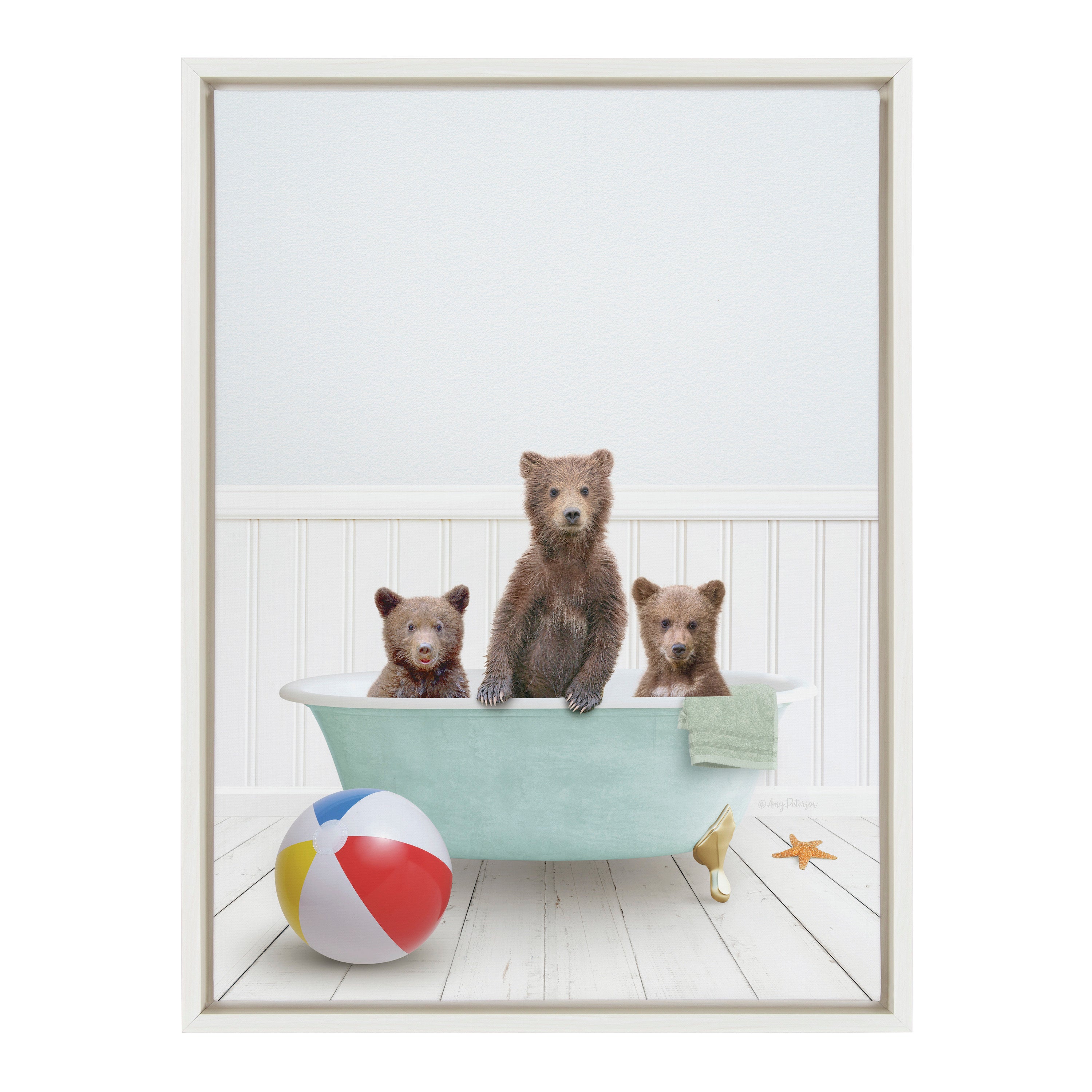 Sylvie Three Bear Cubs In Beach House Bath Framed Canvas by Amy Peterson
