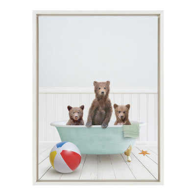 Sylvie Three Bear Cubs In Beach House Bath Framed Canvas by Amy Peterson