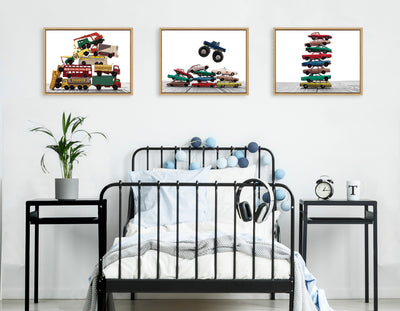 Sylvie Vintage Stacked Matchbox Work Vehicles Pile Framed Canvas by Saint and Sailor Studios