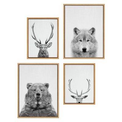 Sylvie Deer, Wolf, Bear European and Cervus Elaphus Black and White Framed Canvas Art Set