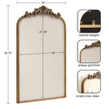 Arched pinboard with beige fabric and antique gold frame featuring ornate crown detail at the top, 30.75 inches tall and 19 inches wide, with keyhole hangers on reverse.