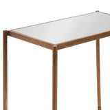 Rectangular side table with a mirrored top framed and supported by a slim, bronze-colored metal frame with round corner joints.