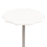 Small round side table with a white scalloped marble top and a single slender silver metal pedestal base, shown frontally against a white background.