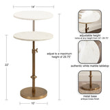 Adjustable-height table with two round white marble tops on a central rod and an antique brass finish metal base, shown with measurements and close-up details.
