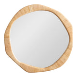 Irregular round wall mirror with a natural beige rattan frame featuring textured, woven detailing along the border.