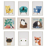 Grid of nine framed cat illustrations including cats on patterned armchairs, a cat in a box, two cats sitting together, and close-up cat faces with varied colors and expressions.