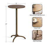 Tall round side table with a 12-inch textured sand cast aluminum brass-finished top and a tripod leg base, standing 24 inches high on a white background.