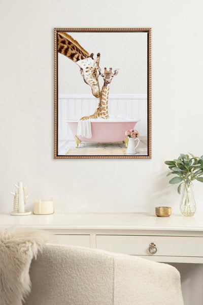 Sylvie Beaded Mother and Baby Giraffe in Cottage Rose Bath Framed Canvas by Amy Peterson