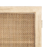 Close-up of the Ori Rattan wall cabinet door showing square woven rattan pattern framed by light distressed white wood with metal hinge on the right side.