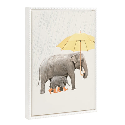 Sylvie Beaded Under the Rain framed canvas showing elephants in rain with white vintage beaded frame