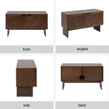 Mid-century modern wood TV stand with chevron-patterned sliding doors and tapered legs, shown from front, angled, side, and back views