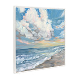 Impressionistic beach scene painting with swirling clouds in pastel pinks and blues over a calm ocean and sandy shoreline, framed in white bead detail.