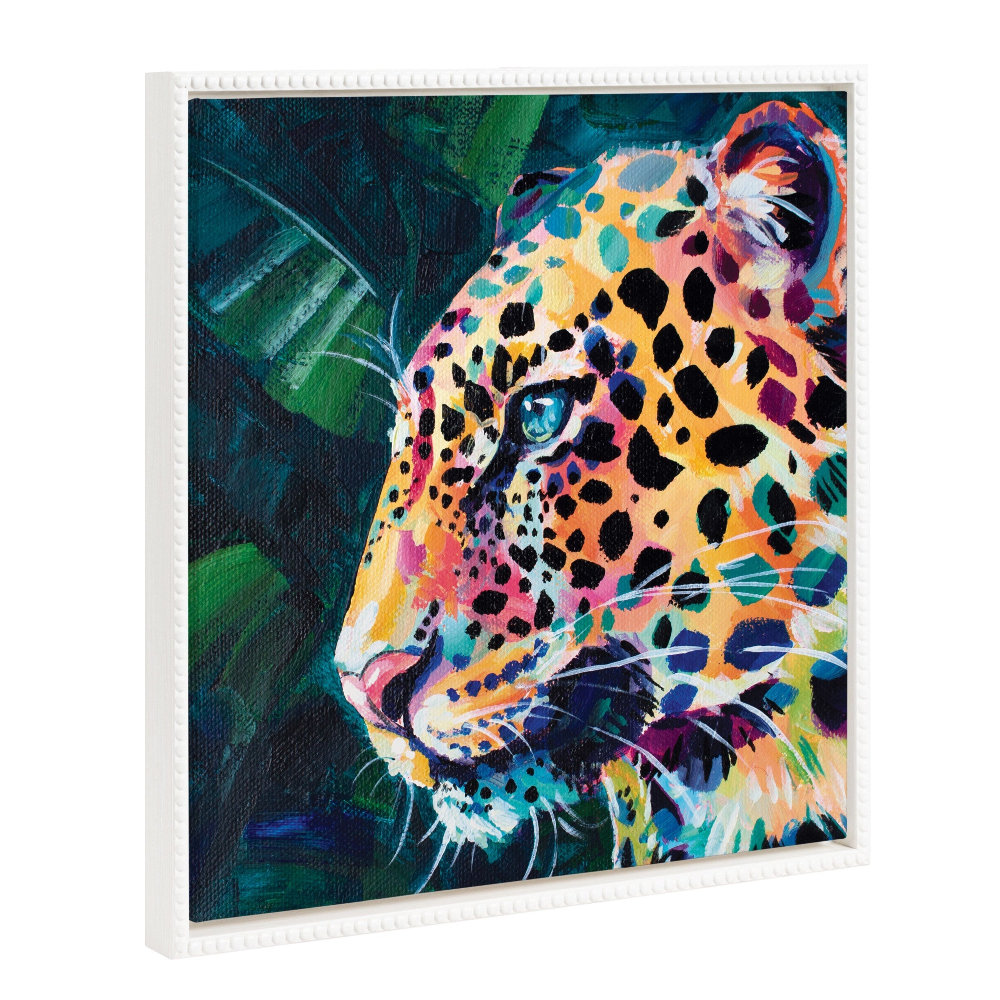 Sylvie Beaded Leopard Glow framed canvas art showing colorful leopard portrait with vintage beaded white frame