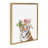 Sylvie Flower Crown Tiger Cub Framed Canvas featuring a tiger cub with a flower crown in a lightweight frame