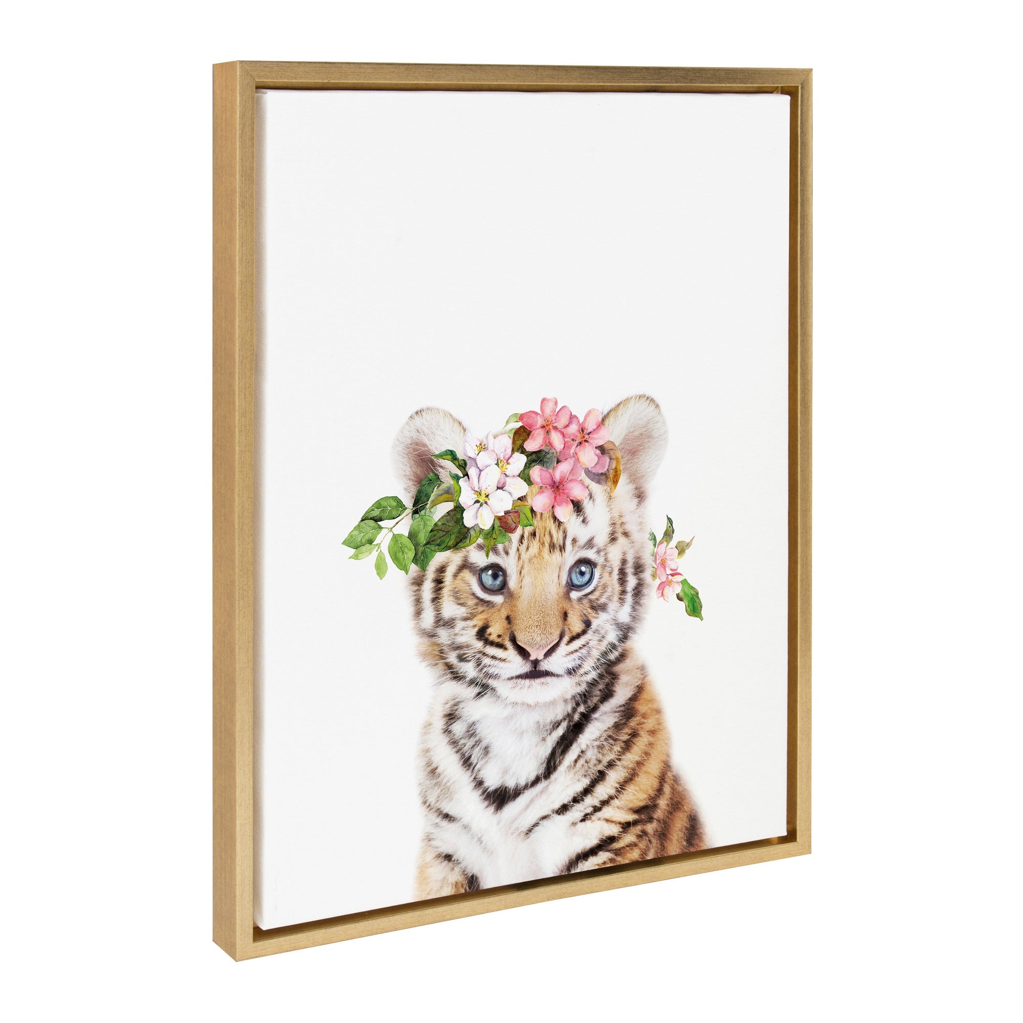 Sylvie Flower Crown Tiger Cub Framed Canvas featuring a tiger cub with a flower crown in a lightweight frame