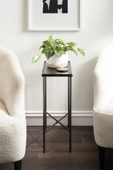 Slim black metal side table with a white ceramic pot holding a leafy green plant, positioned between two white upholstered chairs on dark wood floor.