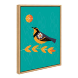 Stylized yellow and black bird with a white flower motif on teal background and orange geometric sun, framed in light wood.